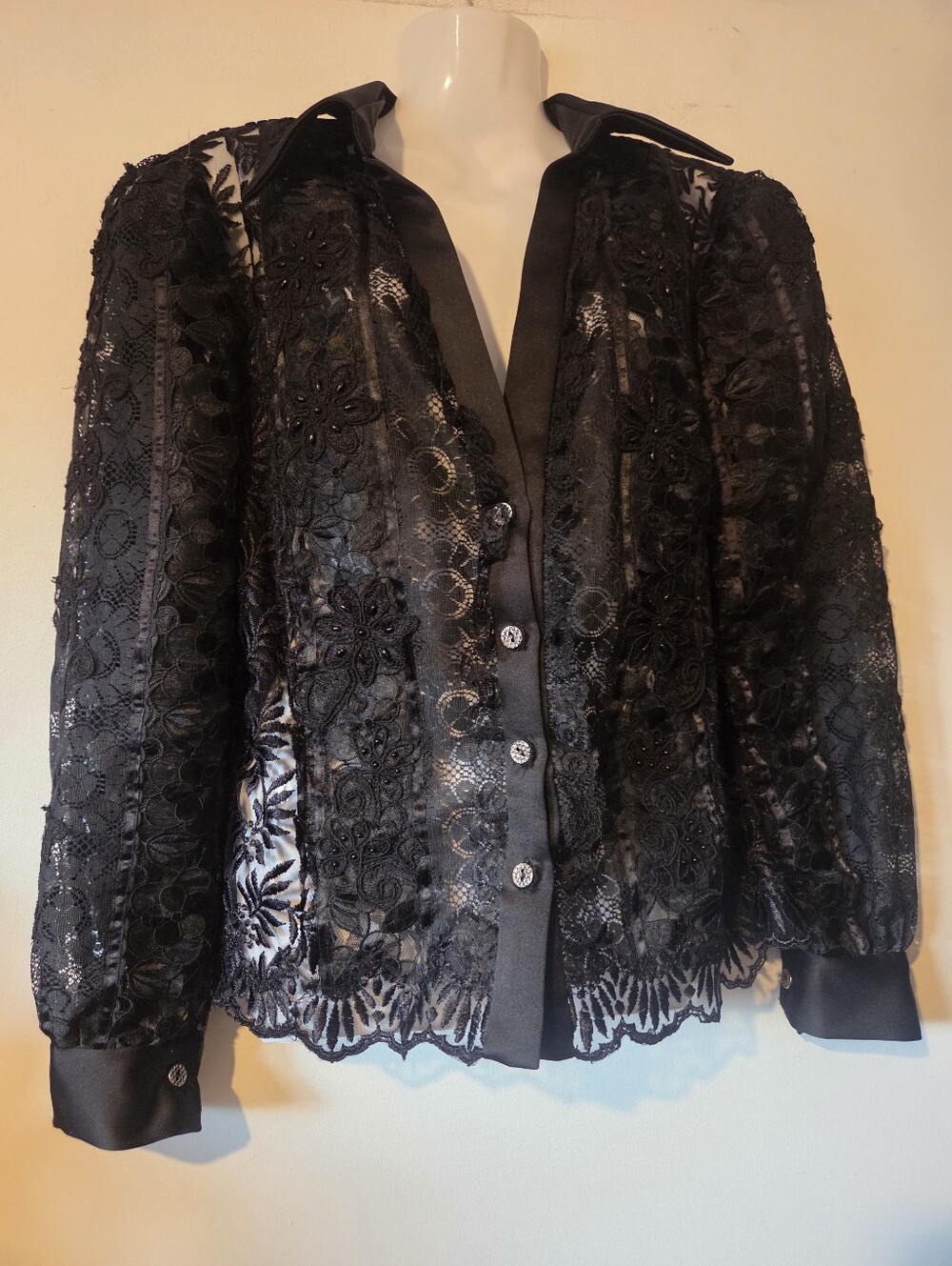 Elegant Black Lace Button-Front Jacket/Blouse